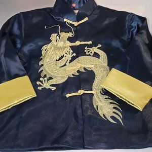 Childrens Chinese Traditional Navy Satin Embroidered Dragon Outfit Pant Set 2-4